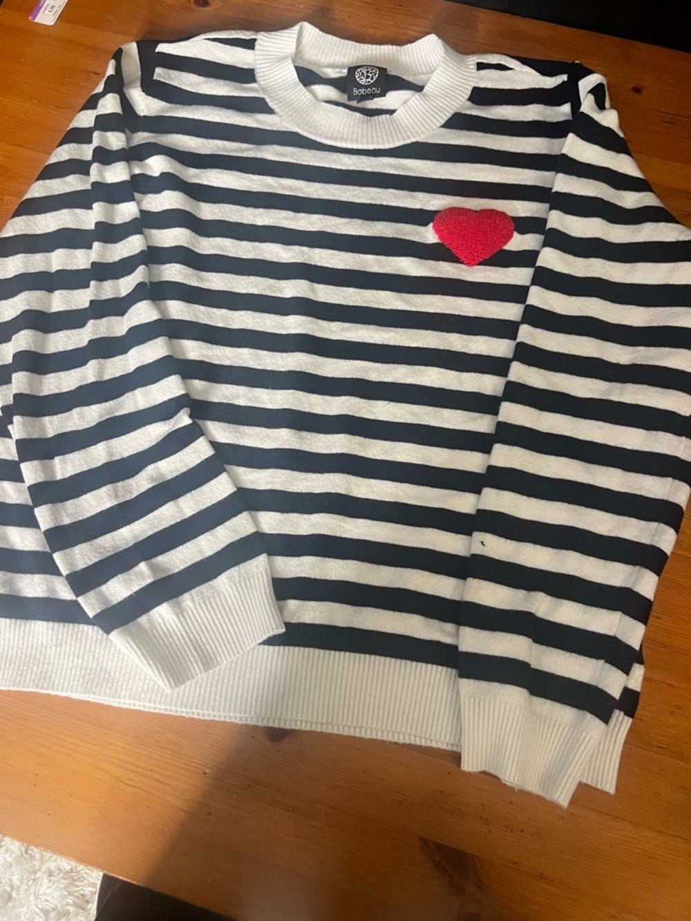 bobeau Black & White Striped Sweater with Red Heart Patch